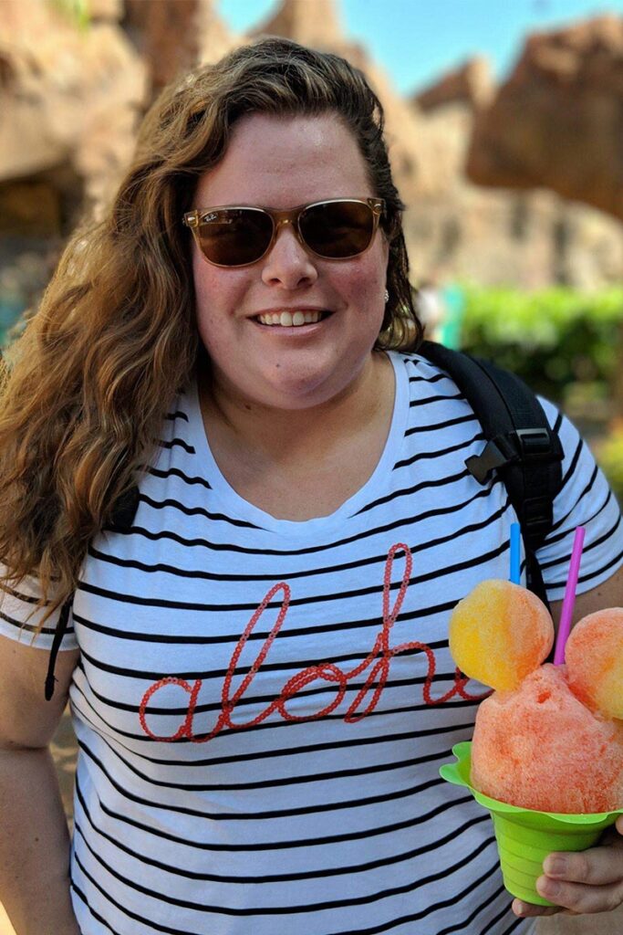 Hannah with shave ice from Aulani