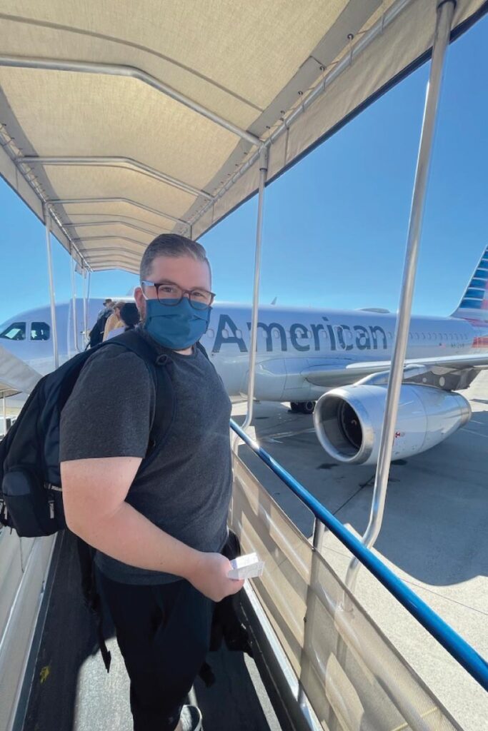 Brandon boarding a flight in Missoula, Montana