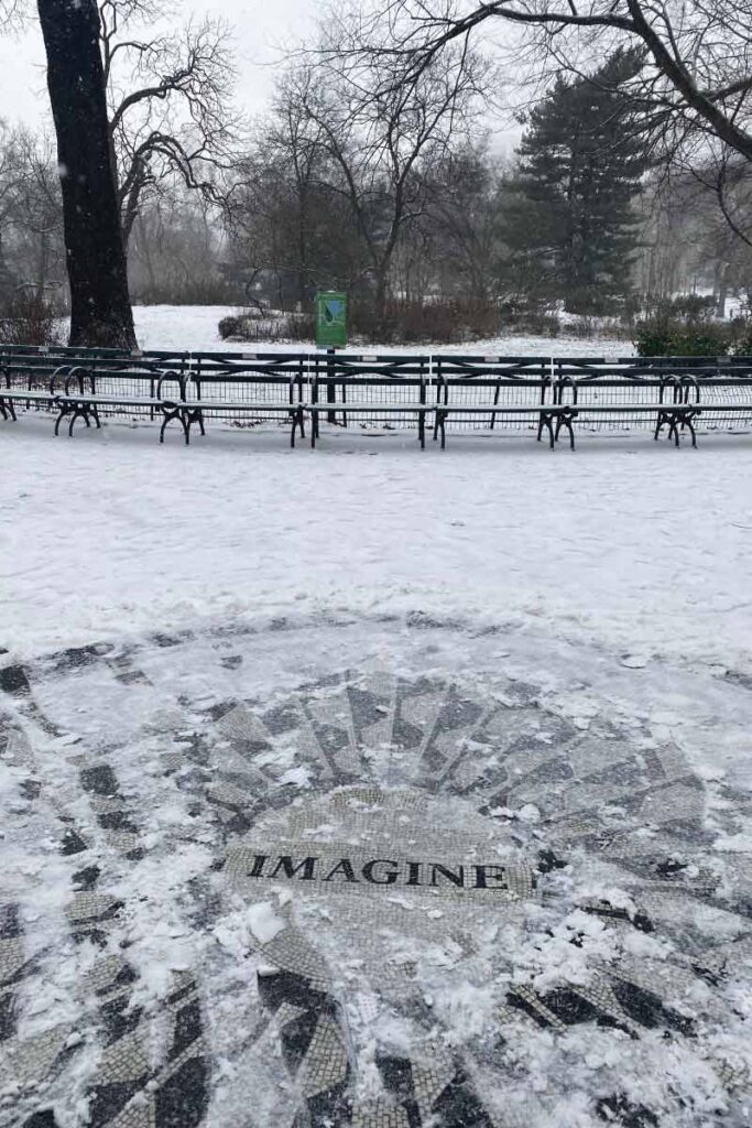 snow on the Imagine mosaic in Central Park